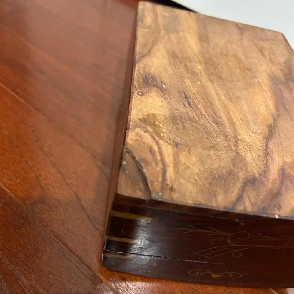 Vintage Rosewood Brass Inlay Divided Jewelry Box SAIMA Blue Velvet 2 Tiers